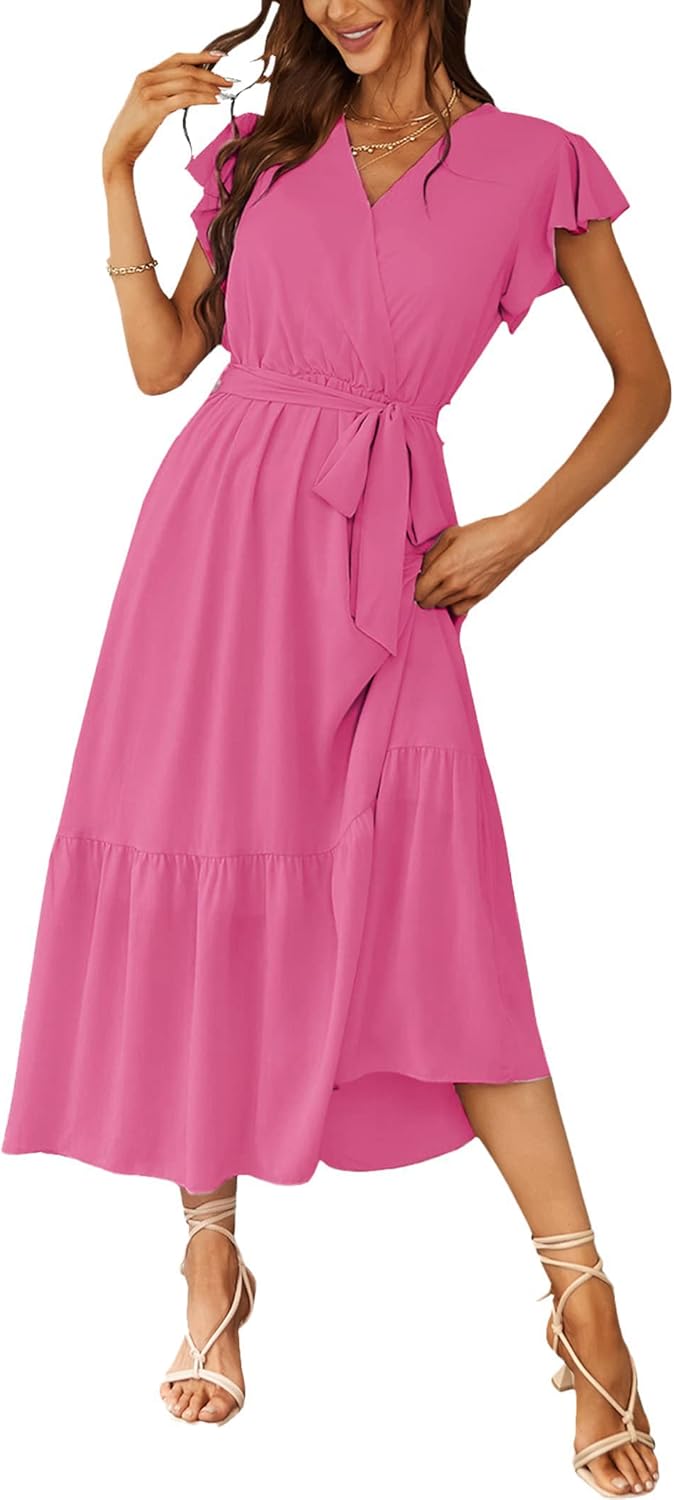 PRETTYGARDEN Women's Summer Floral Boho Dress Wrap V Neck Short Sleeve Ruffle A-Line Flowy Maxi Wedding Guest Dresses