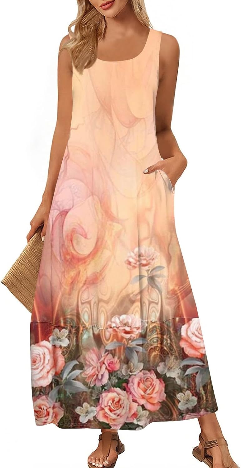 Womens Summer Tank Dress Vacation Boho Floral Long Dresses with Pockets Resort Wear Swing Beach Sleeveless Sundress