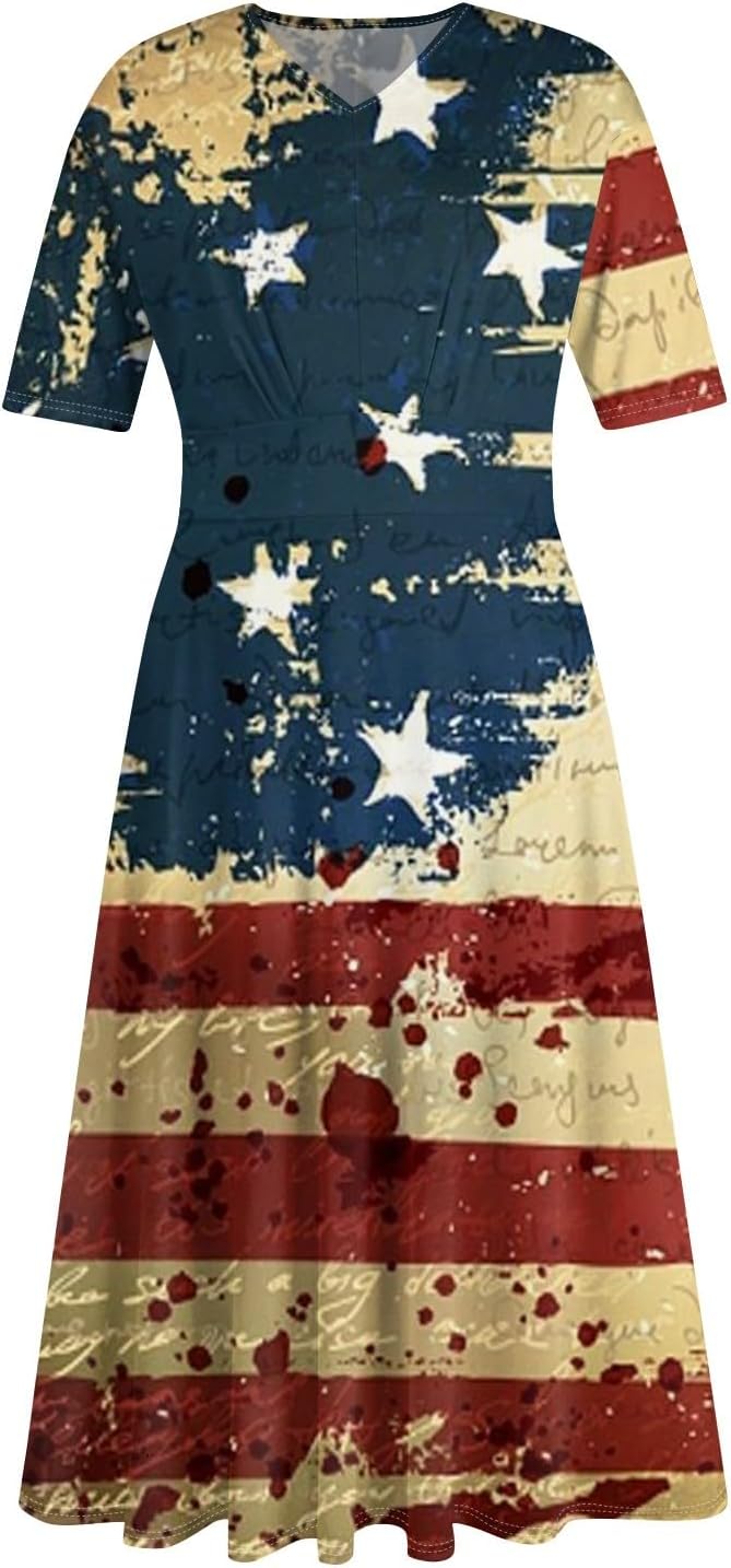 Women's Patriotic Star Print Midi Short Sleeve V-Neck Casual A-Line Dress for Summer Parties & Events