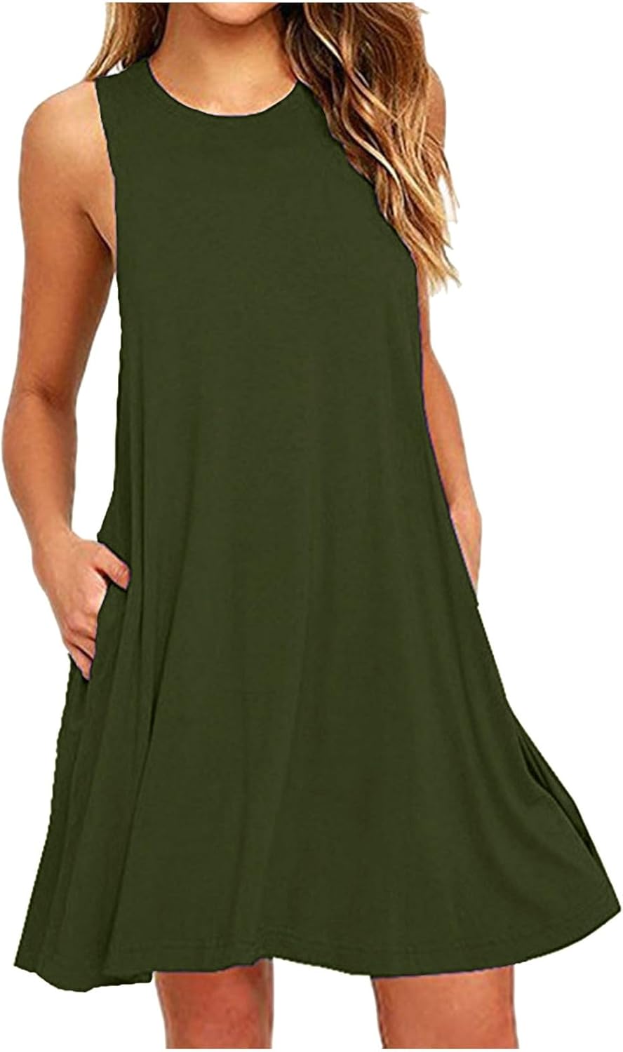 Womens 2025 Boho Beach Dresses Flowy Sleeveless Midi Wedding Dress Cute Crew Neck Summer Tank Sundress with Pockets