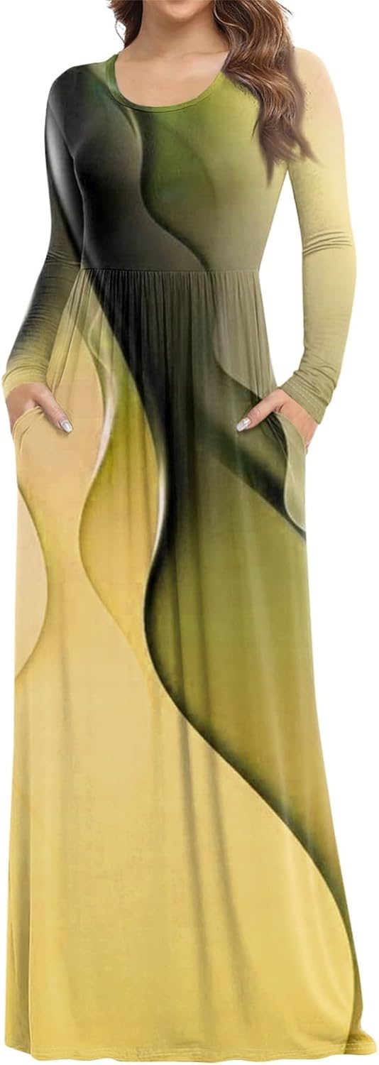 Long Sleeve Maxi Dress for Women Elegant Crew Neck Flowy Swing Dresses Solid Color Wedding Guest Dresses