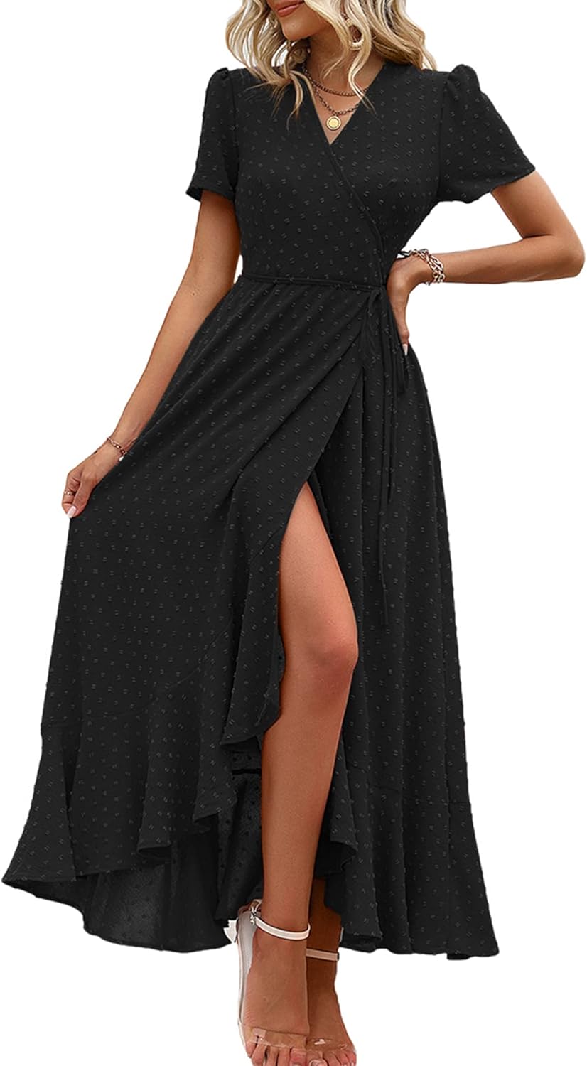 PRETTYGARDEN Women's Summer Wrap Maxi Dress Casual Short Sleeve Floral Boho V Neck Split Ruffle Beach Long Dresses