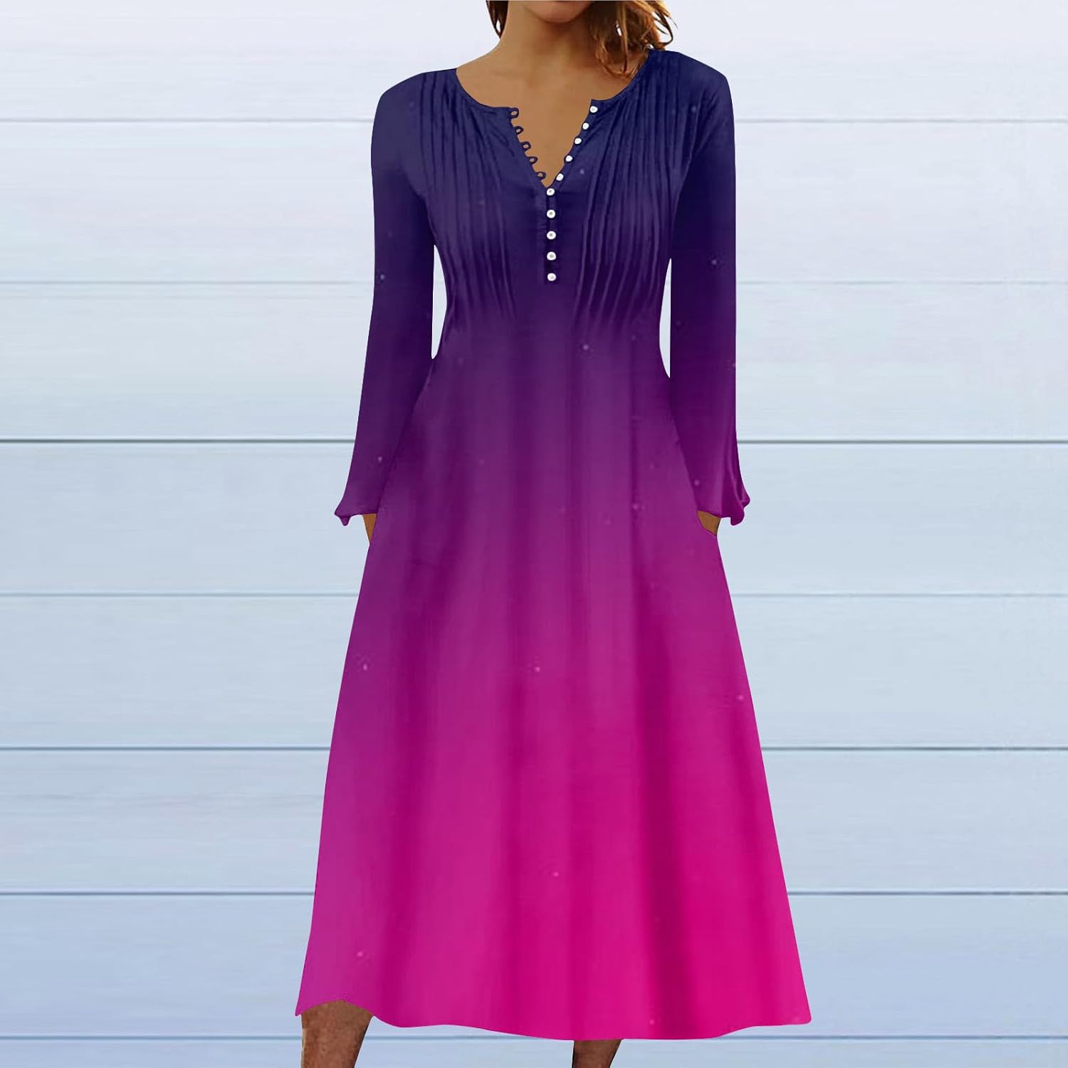 DOPOCQ Fall Women Dresses 2023 Long Sleeve V Neck Plus Size Maxi Dress Boho Dress High Waisted A-Line Dress with Pocket