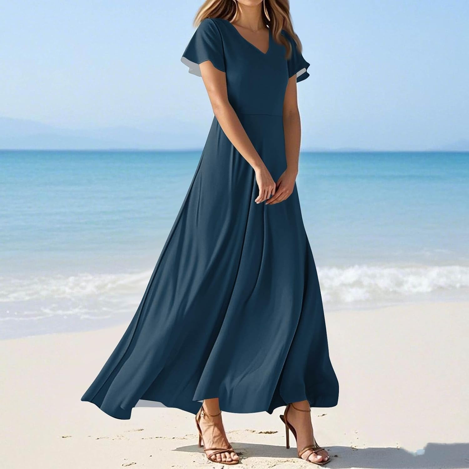 Womens Fashion V Neck Ruffle Short Sleeve Maxi Dress 2025 Summer Elegant Solid Color Flowy A Line Dresses