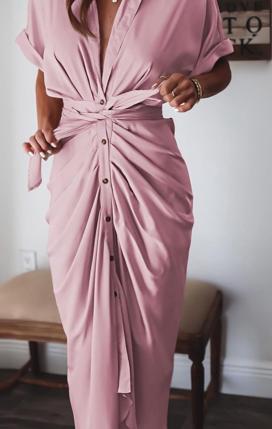 Women's Swing Classic Cute Maxi Ruched Breathable Shirt Dresses Bownot Slim Fitted Dress