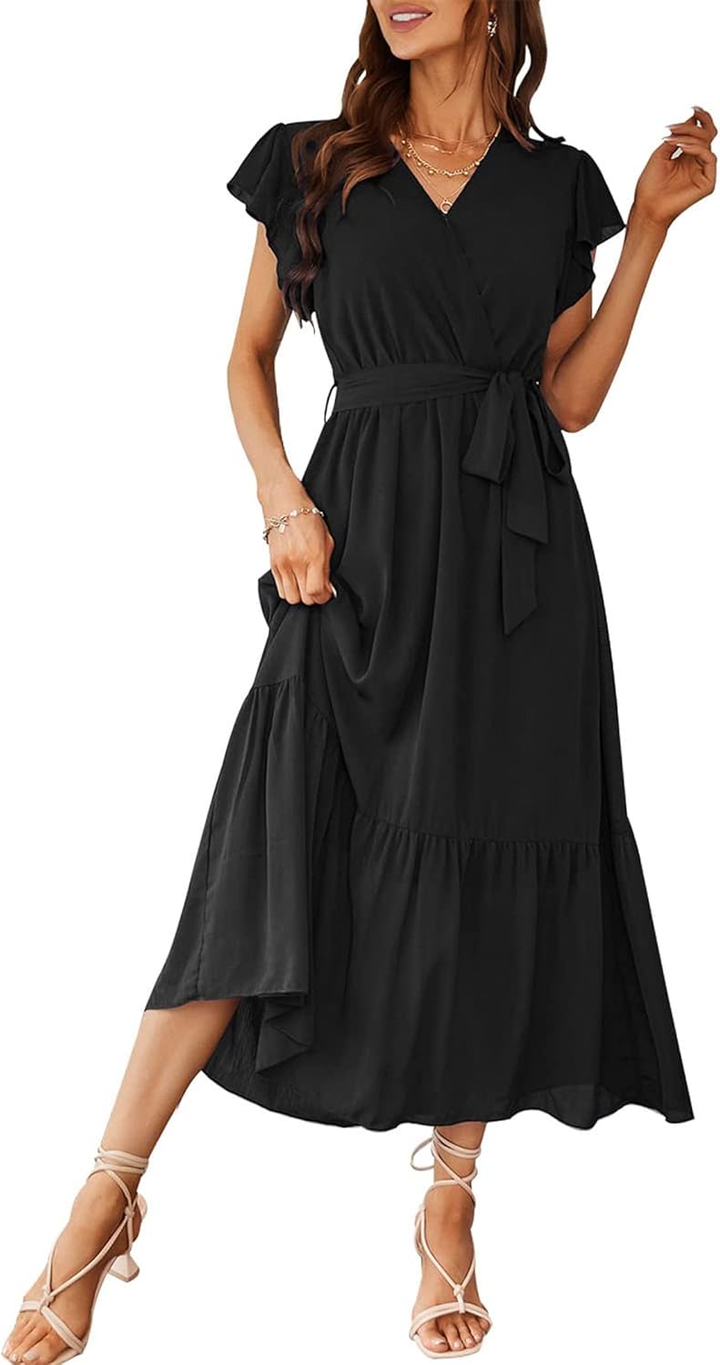 PRETTYGARDEN Women's Summer Floral Boho Dress Wrap V Neck Short Sleeve Ruffle A-Line Flowy Maxi Wedding Guest Dresses