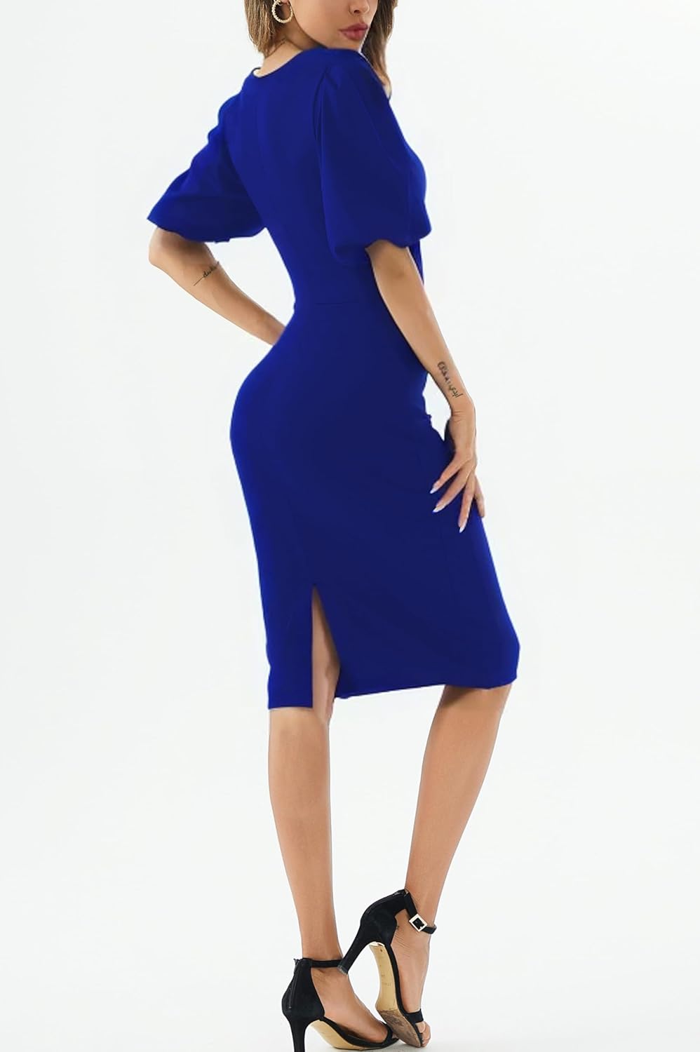 Womens Summer Dresses Square Neck Lantern Sleeve Bodycon Pencil Midi Dress