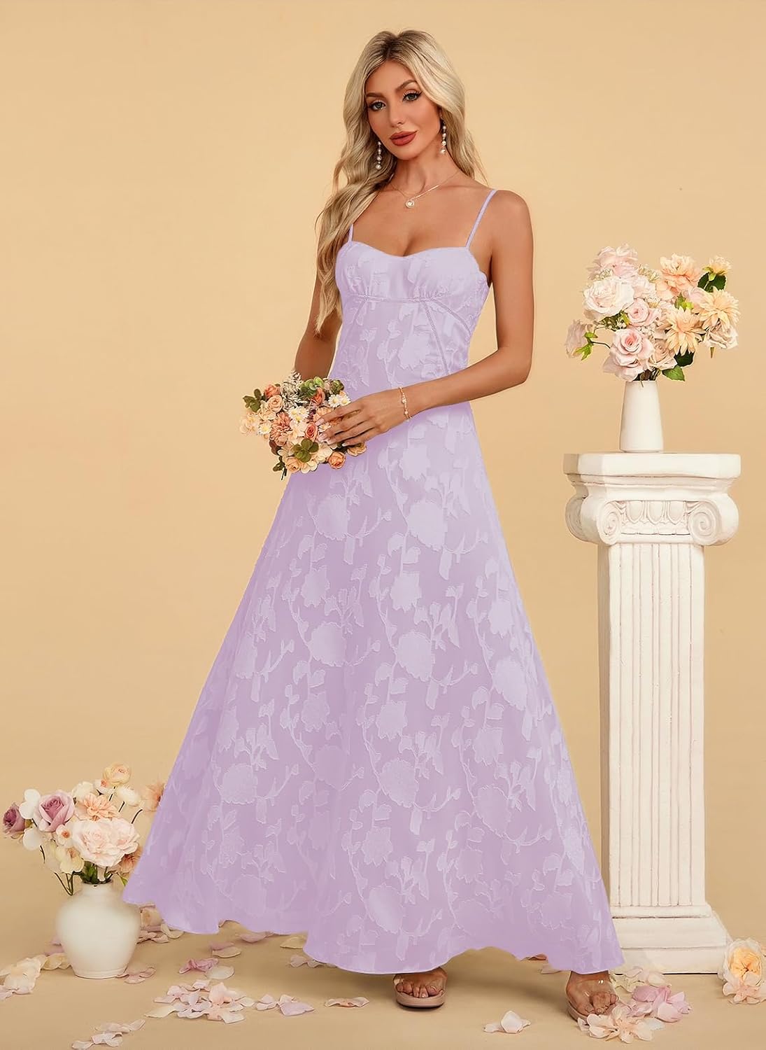 Women's Elegant Wedding Guest Dress Spaghetti Straps Floral Sleeveless Formal Dress Maxi Gown