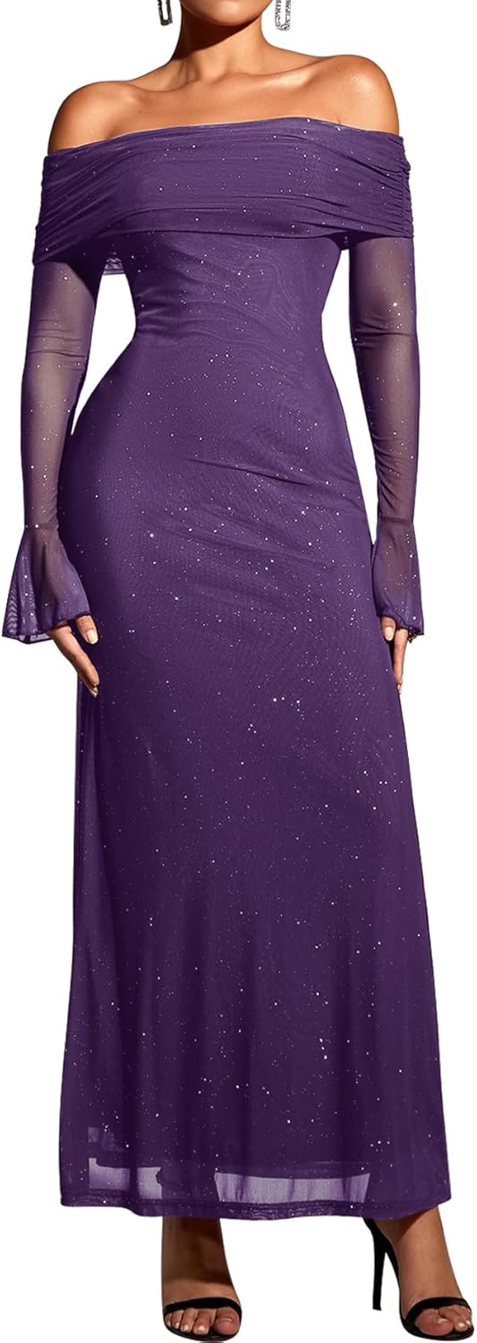 KUTUMAI Women Off Shoulder Bodycon Maxi Dress Long Sleeve Mesh Ruched Party Formal Wedding Guest Dresses