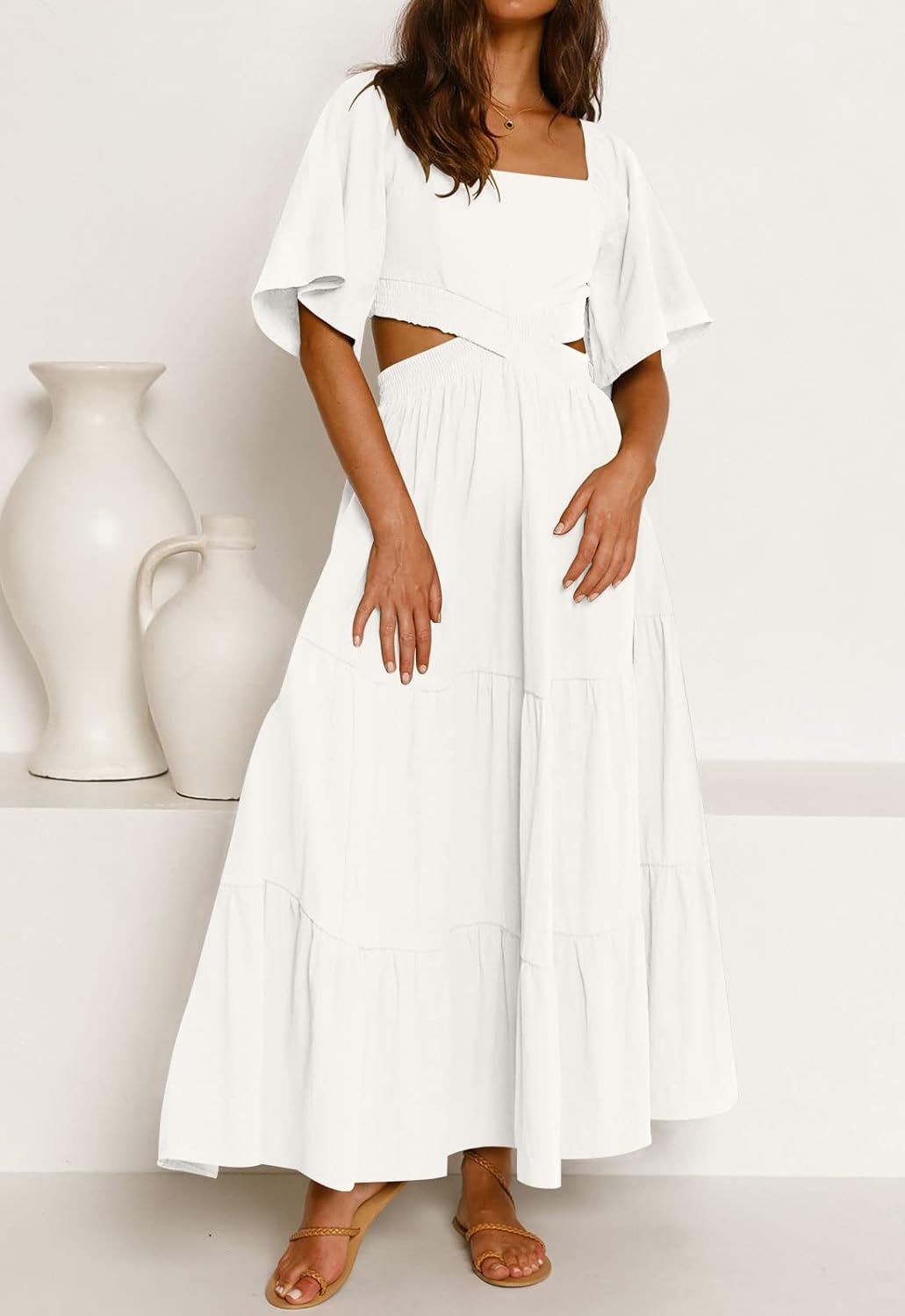 LEANI Women's 2025 Summer Cutout Maxi Dress Square Neck Short Sleeve Crossover Waist Casual Party Dresses