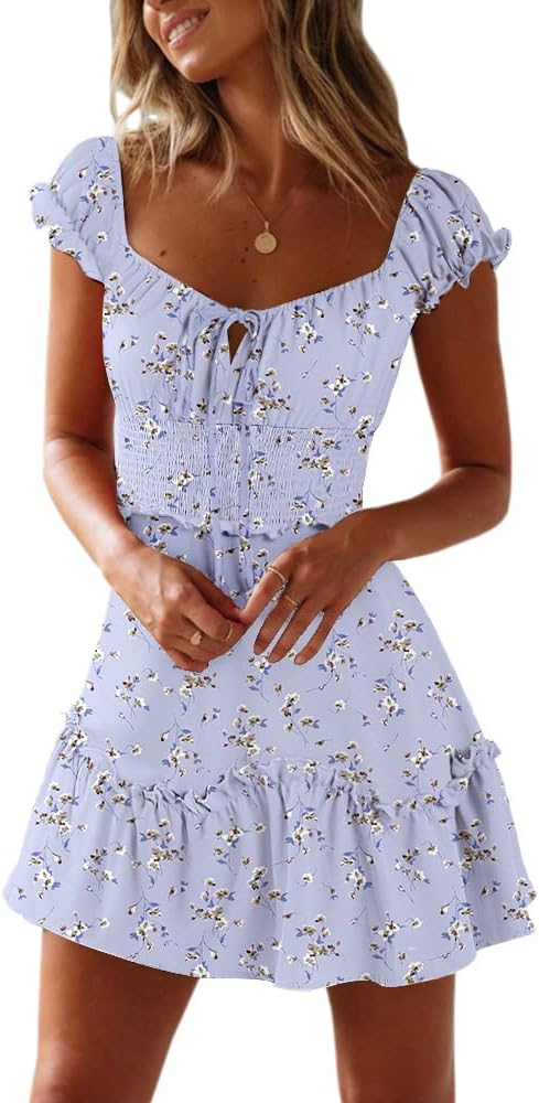 YOBECHO Women's Summer Ruffle Sleeve Sweetheart Neckline Printing Dress Mini Dress