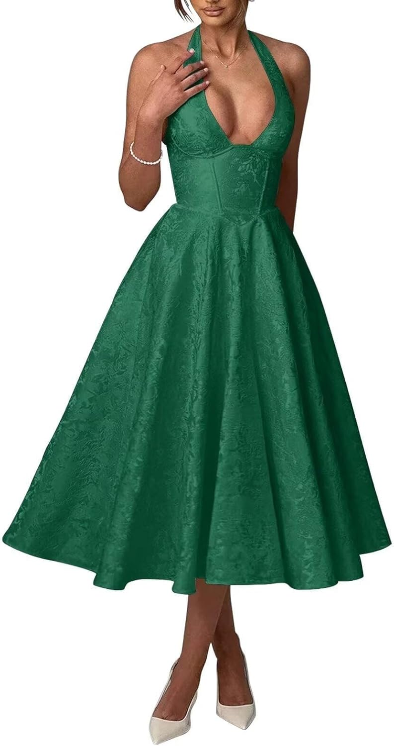 Bow Tea Length Prom Dress for Women Embroidery Satin Evening Party Gown A Line Corset Cocktail Dress