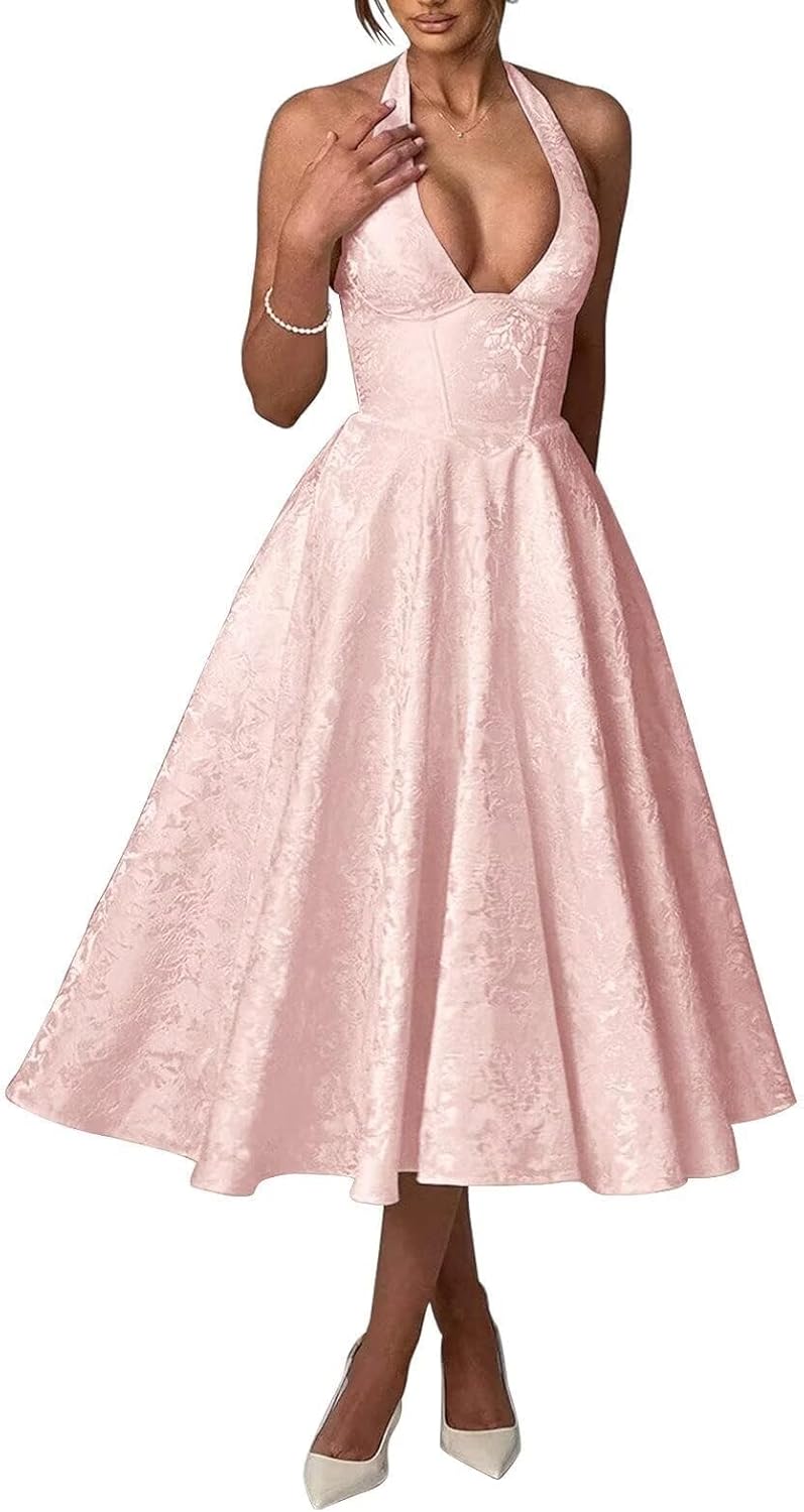 Bow Tea Length Prom Dress for Women Embroidery Satin Evening Party Gown A Line Corset Cocktail Dress