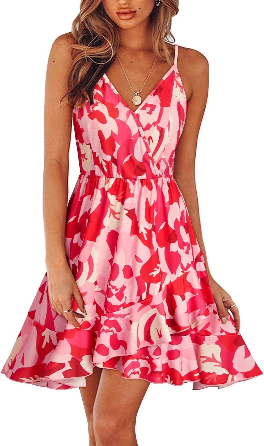 ULTRANICE Womens Summer Dresses Floral V Neck Ruffled Hem Spaghetti Spring Casual Beach Outfits Flowy Wrap Sun Dress