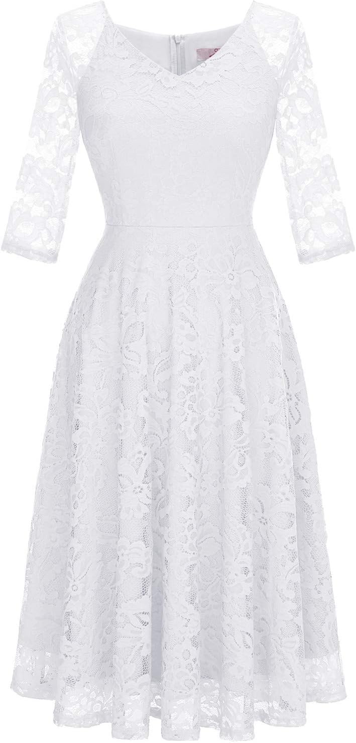Dressystar Womens Long-Sleeve Wedding Guest Dress A-Line Lace Formal Party Cocktail Midi Dress Prom Gown