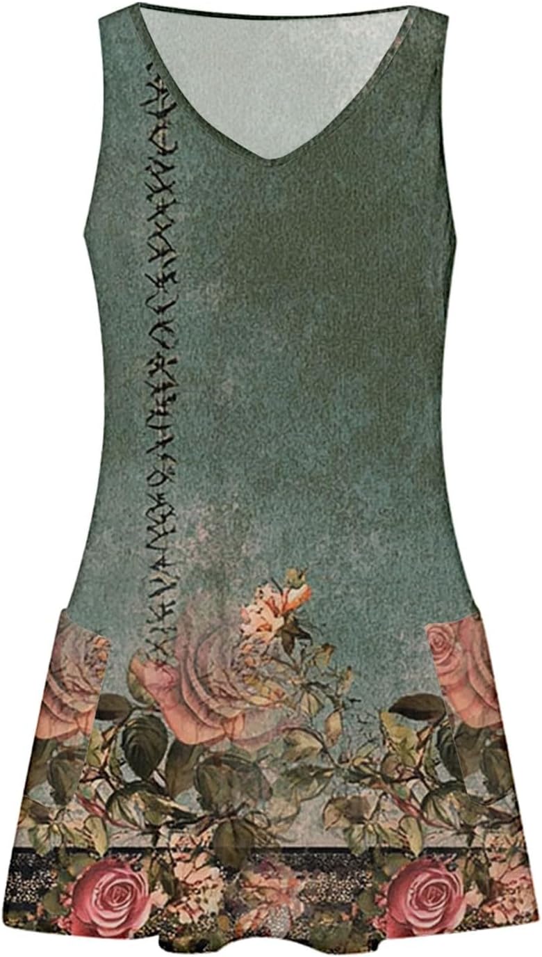 Women's Summer Dresses 2025 Beach Casual Sleeveless Floral Print Boho Tank Dress V Neck Ruffle Dresses