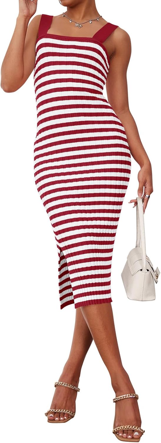 MEROKEETY Women's 2025 Summer Spring Bodycon Midi Dress Vacation Sleeveless Ribbed Knit Striped Party Sweater Dresses