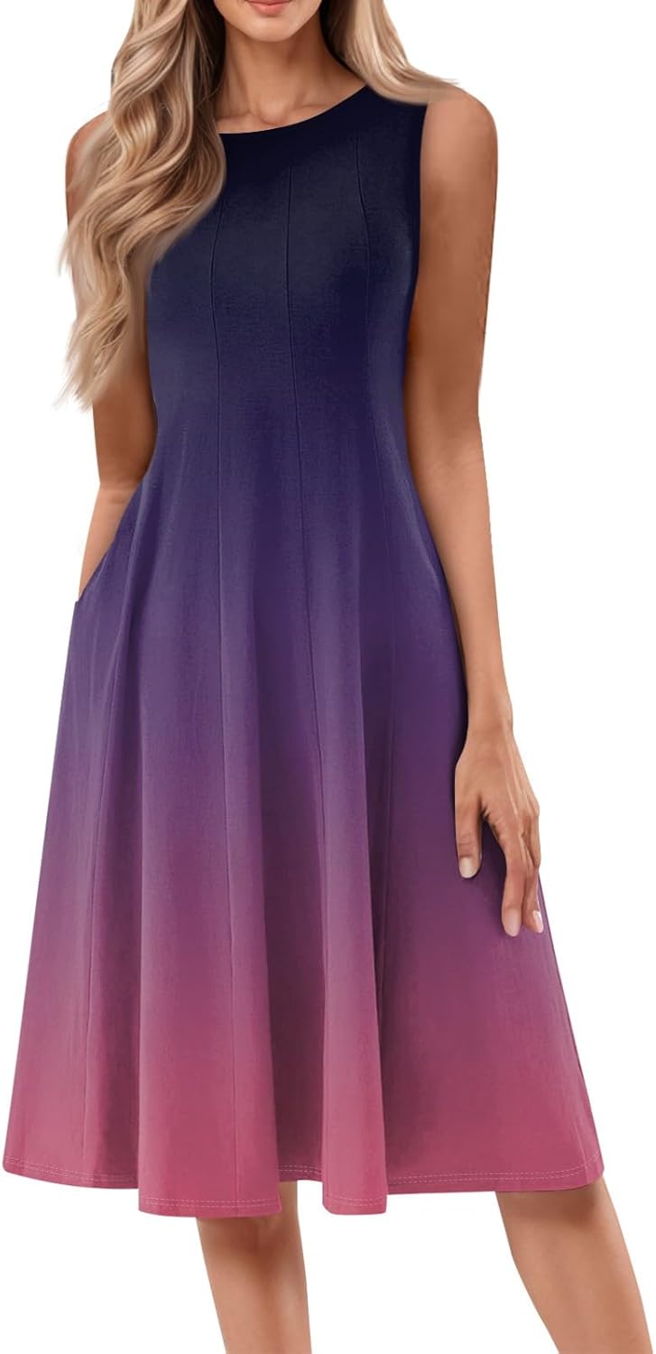 Womens Tank Sundress 2025 Casual Floral Print Tshirt Dress Swing Sleeveless Midi Dress Crewneck Pleated Summer Dresses