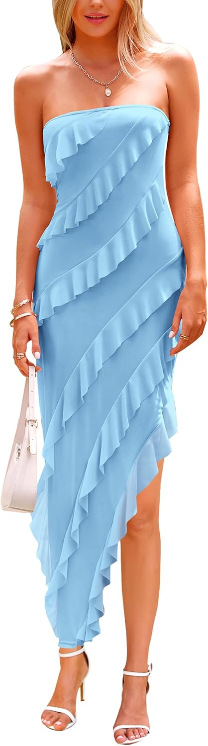 PRETTYGARDEN Womens Summer Maxi Dresses 2025 Strapless Tube Ruffle Asymmetrical Bodycon Party Cocktail Formal Long Dress