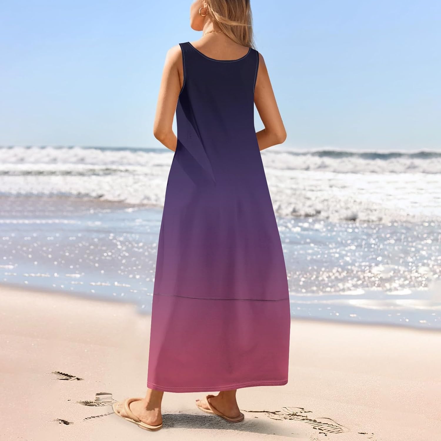 Womens Summer Tank Dress Vacation Boho Floral Long Dresses with Pockets Resort Wear Swing Beach Sleeveless Sundress
