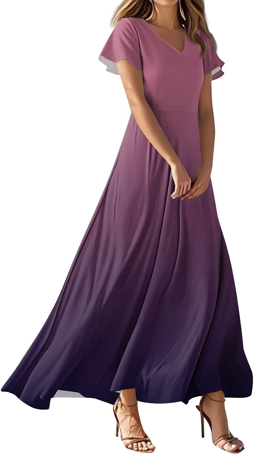 Womens Fashion V Neck Ruffle Short Sleeve Maxi Dress 2025 Summer Elegant Solid Color Flowy A Line Dresses