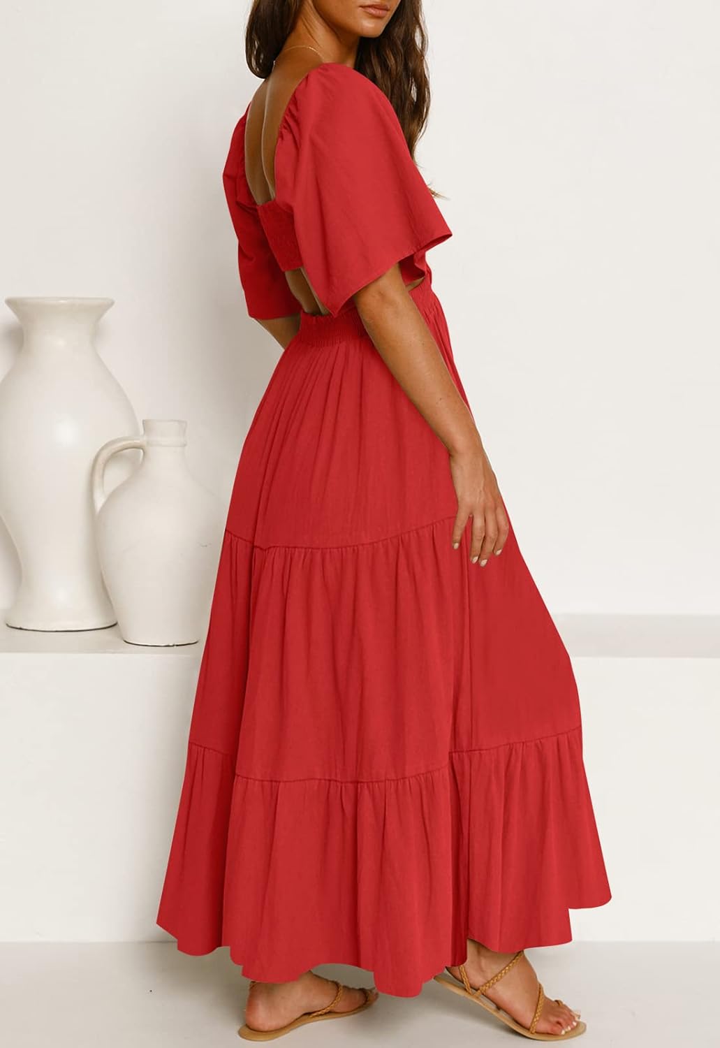 LEANI Women's 2025 Summer Cutout Maxi Dress Square Neck Short Sleeve Crossover Waist Casual Party Dresses
