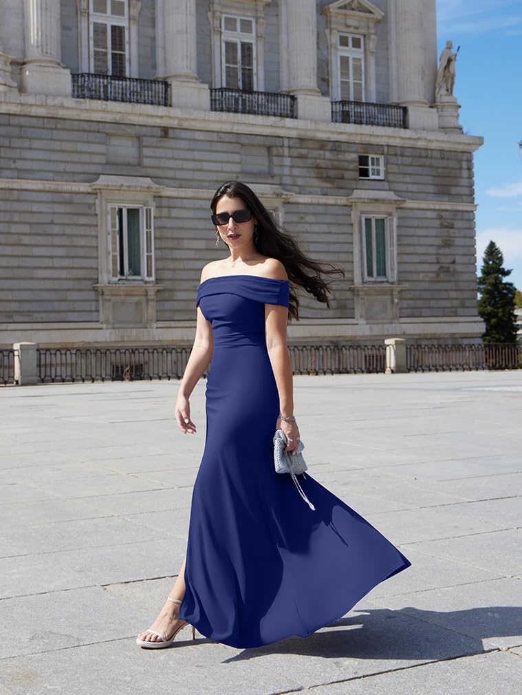 LAGSHIAN Women's Elegant Bodycon Off Shoulder Sleeveless High Split Ruched Long Formal Evening Dress