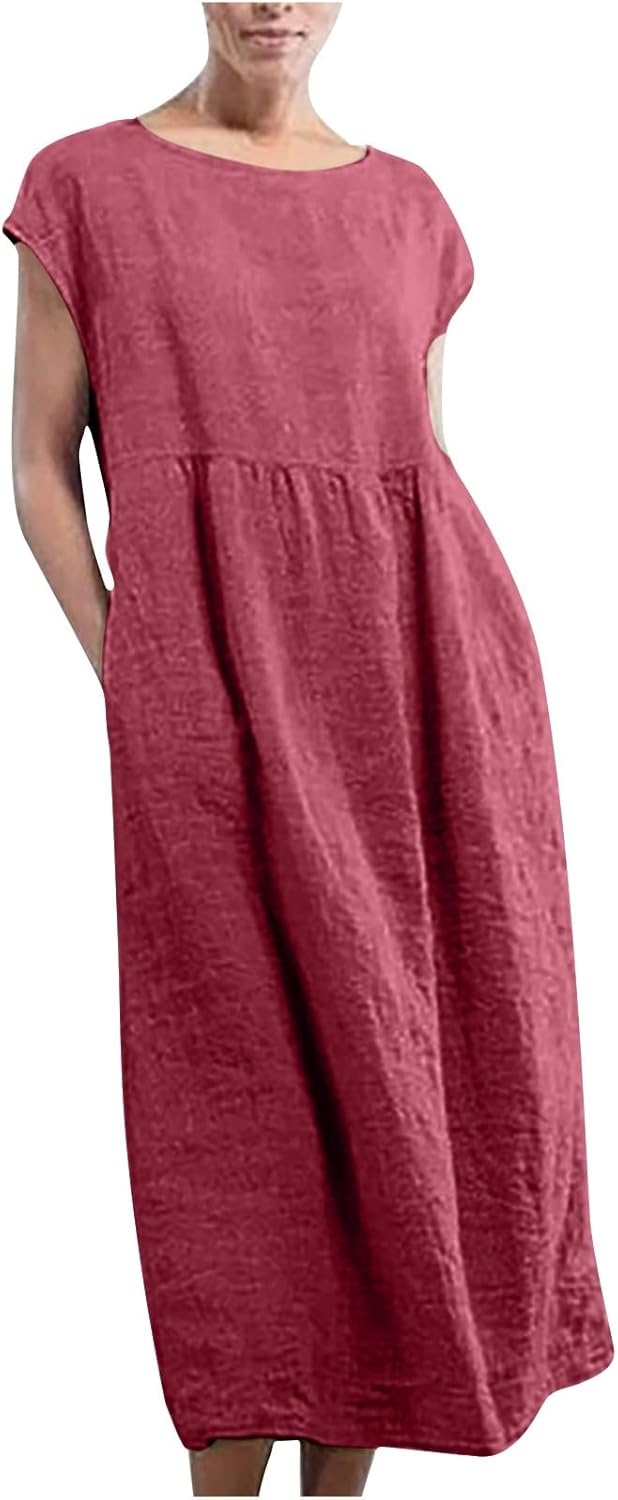 Linen Dresses for Women 2025 Summer Fashion Solid Color Sleeveless Dresses Beach Flowy Maxi Dresses Casual Sundress