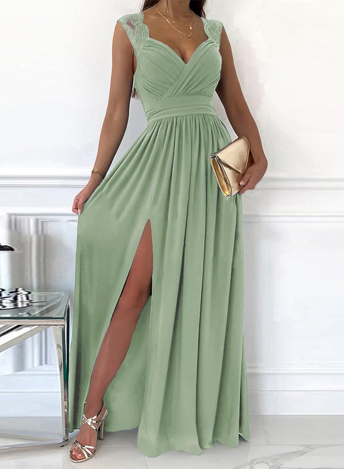 Dokotoo Womens 2025 Formal Dresses Wrap V-Neck Ruched Sexy Bridesmaid Wedding Guest Maxi Dresses