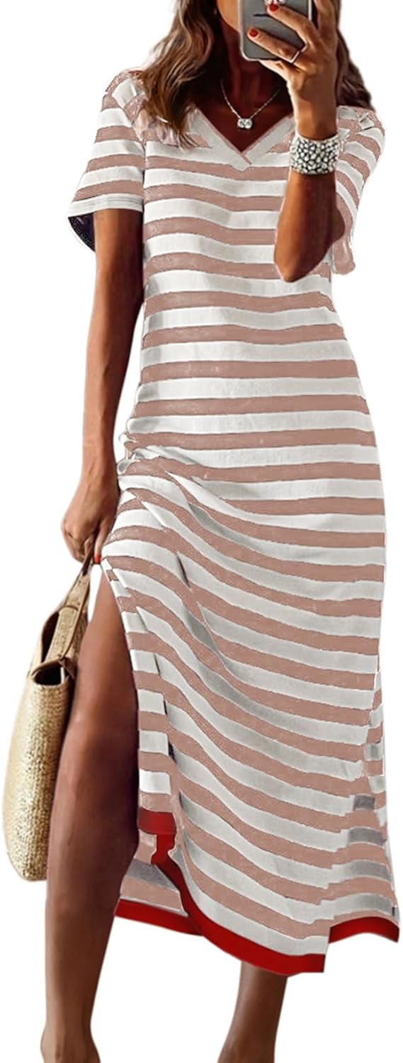Dokotoo Summer Dress Casual Womens Fashion Short Sleeve Maxi Dress T Shirt Dress Striped Long Color Block Maxi Dress