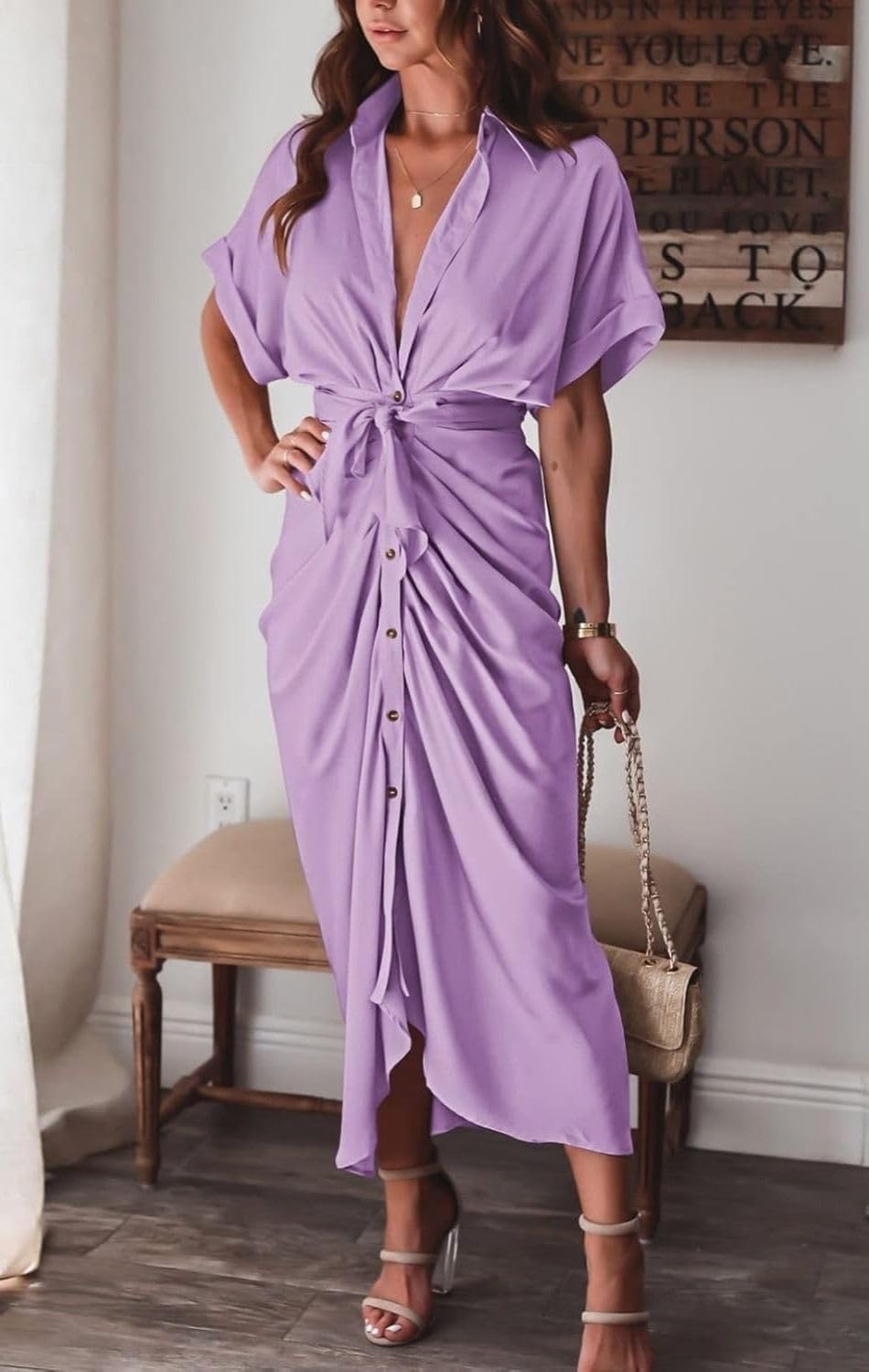 Women's Swing Classic Cute Maxi Ruched Breathable Shirt Dresses Bownot Slim Fitted Dress