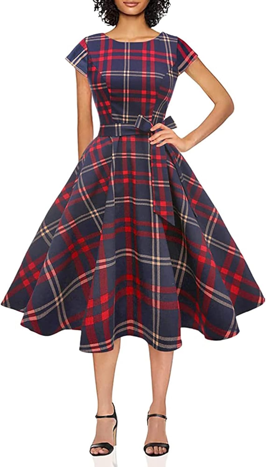 PUKAVT Women's 1950 Boatneck Cap Sleeve Vintage Swing Cocktail Party Dress with Pockets