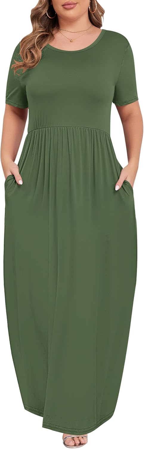 KARALIN Women’s Plus Size Maxi Dresses for Curvy Women Summer Casual Short Sleeve 2025 Long Dress 14W-26W