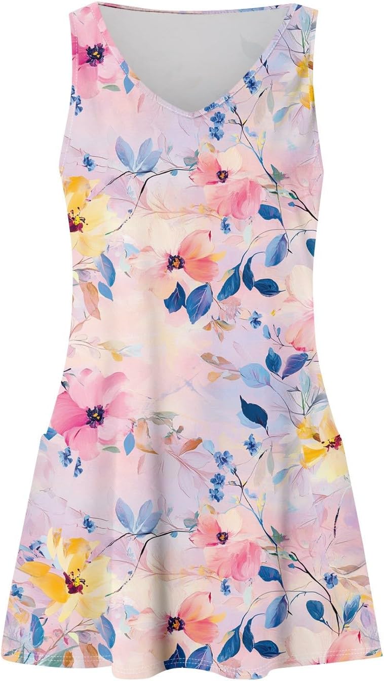 Women's Sleeveless Floral Print Summer Dress Casual V-Neck A-Line Mini Dress for Beach Party and Daily Wear