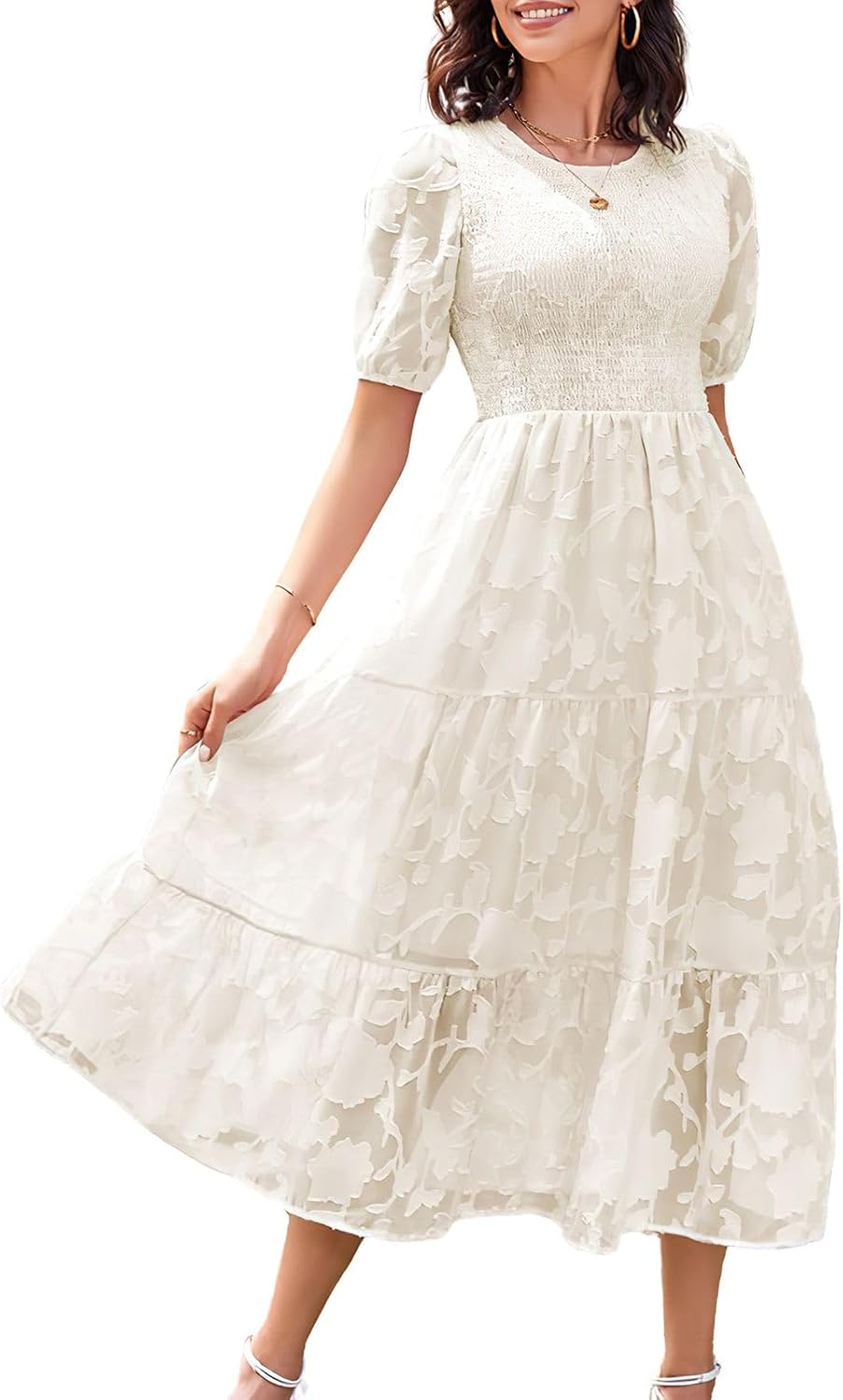 ebossy Women's Casual Smocked Lace Party Dress Puff Sleeve A-line Flowy Tiered Jacquard Midi Dress