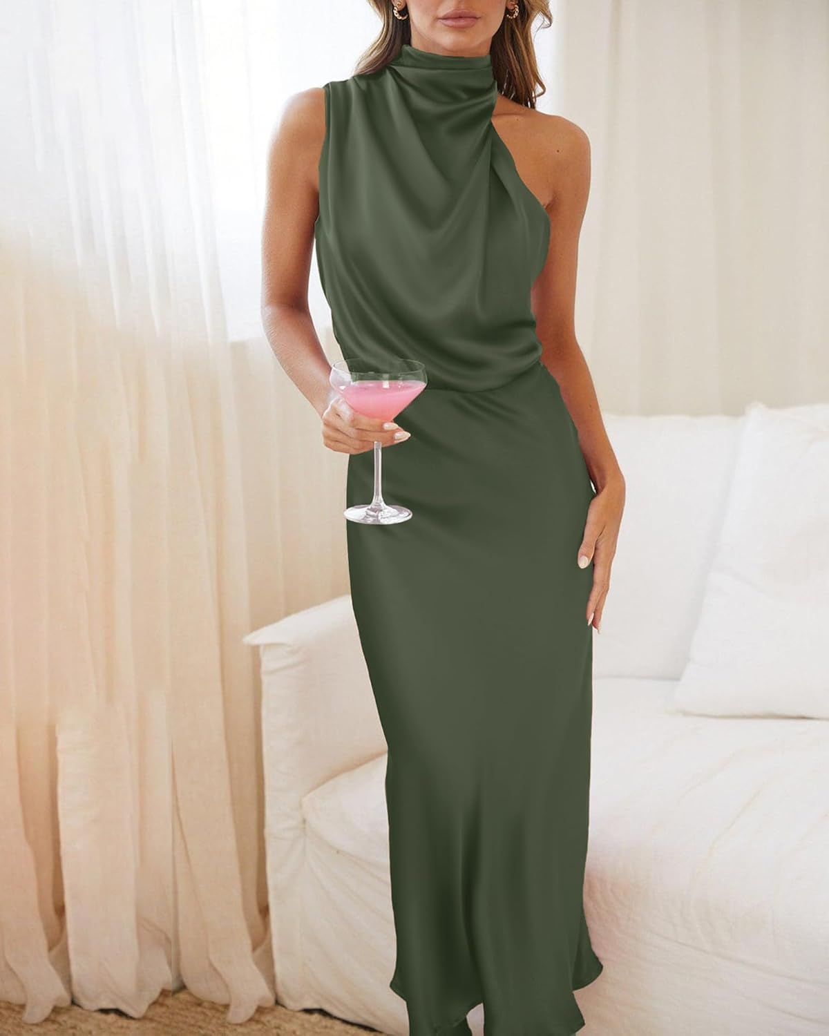 BTFBM Womens Sleeveless Cocktail Dresses Mock Neck Keyhole Elastic High Waist Evening Party Maxi Wedding Guest Dress