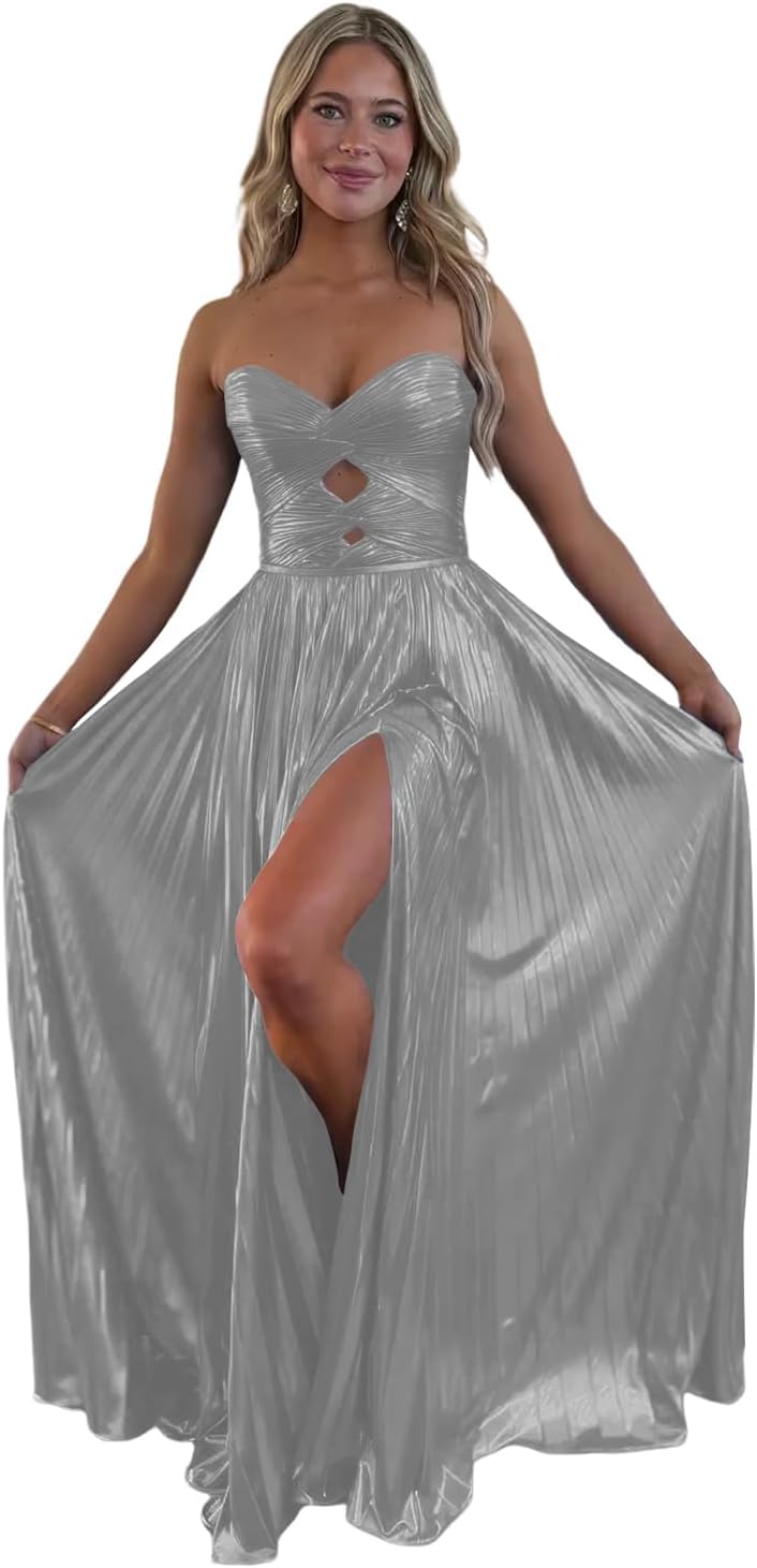 Loyeloy Sparkly Metallic Prom Dresses with Slit A Line Keyhole Satin Long Prom Ball Gowns for Women