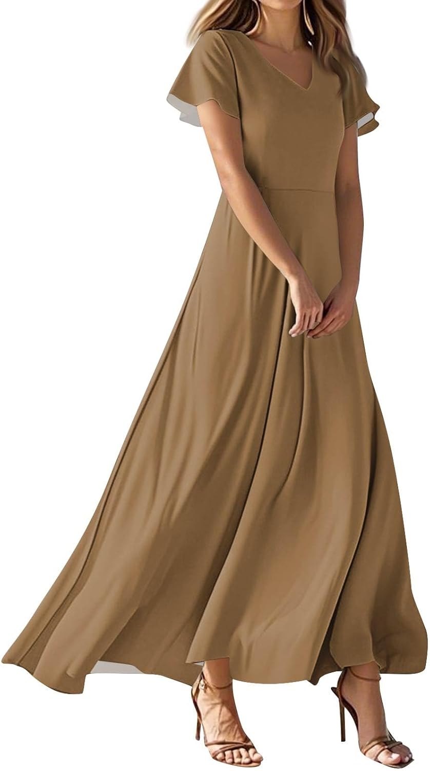 Womens Fashion V Neck Ruffle Short Sleeve Maxi Dress 2025 Summer Elegant Solid Color Flowy A Line Dresses