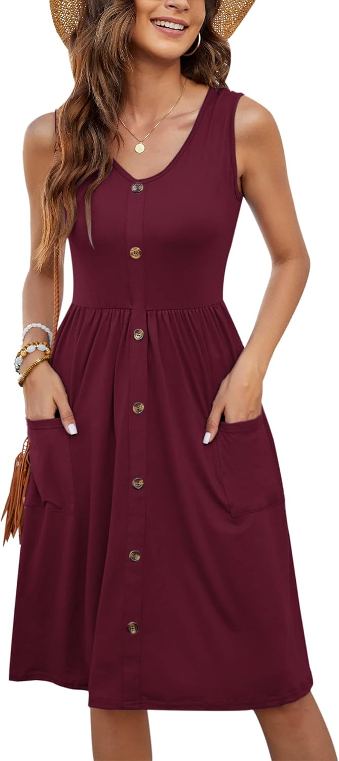 MOLERANI Women Summer Dresses Sleeveless Casual Loose Swing Button Down Midi Dress with Pockets