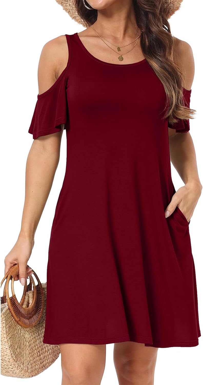 Short/Long Sleeve Women's Plus Size Sun Dresses Cold Shoulder Dress with Pockets Casual Swing T-Shirt Dresses