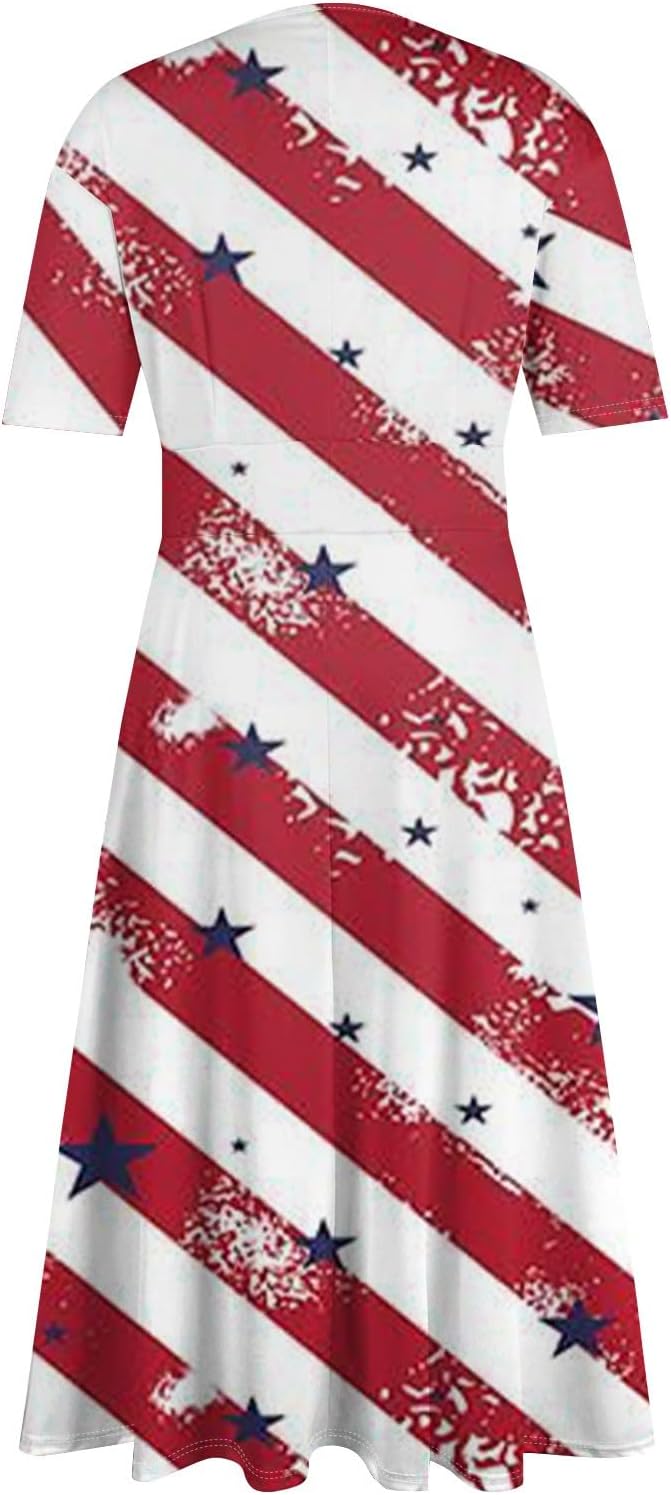 Women's Patriotic Star Print Midi Short Sleeve V-Neck Casual A-Line Dress for Summer Parties & Events