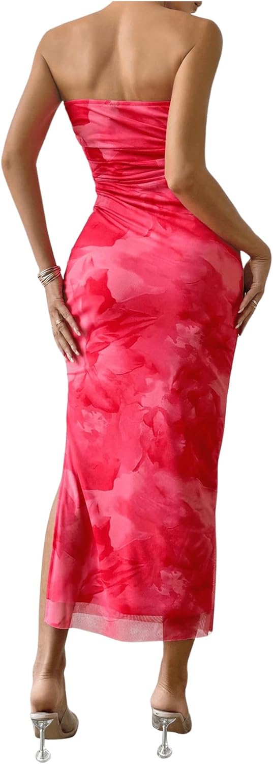 Milumia Women's Printed Strapless Tube Top Long Dress Slit Hem Sleeveless Bodycon Maxi Dresses