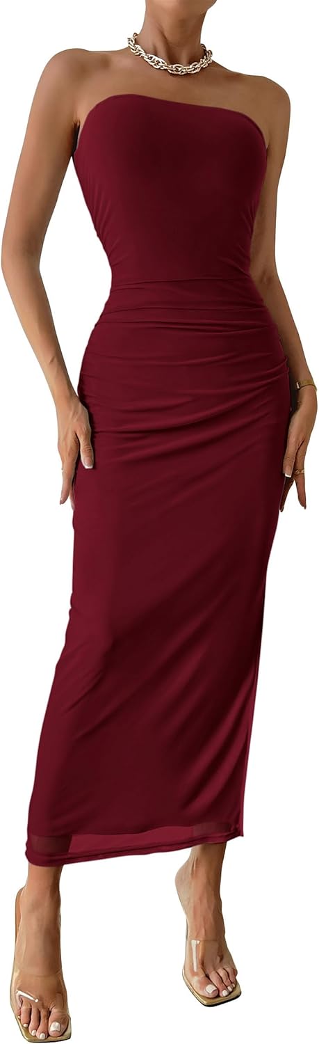 PRETTYGARDEN Women's Summer Maxi Bodycon Dresses Strapless Tube Top Printed Long Party Club Slit Dress