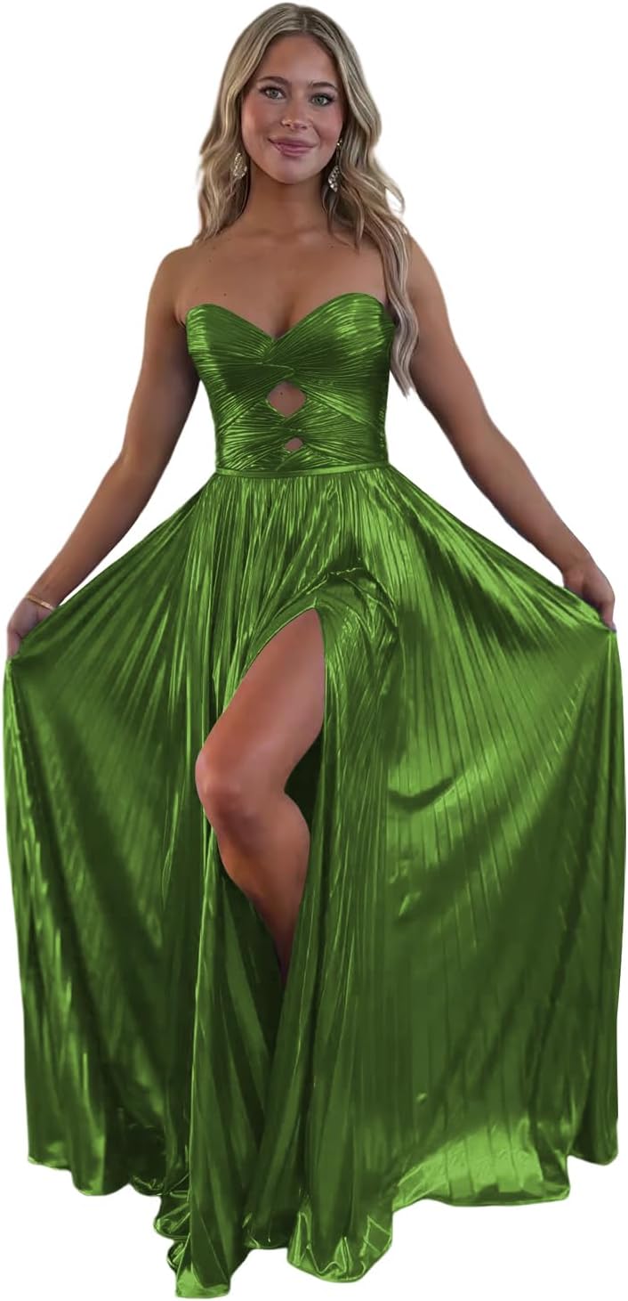 Loyeloy Sparkly Metallic Prom Dresses with Slit A Line Keyhole Satin Long Prom Ball Gowns for Women