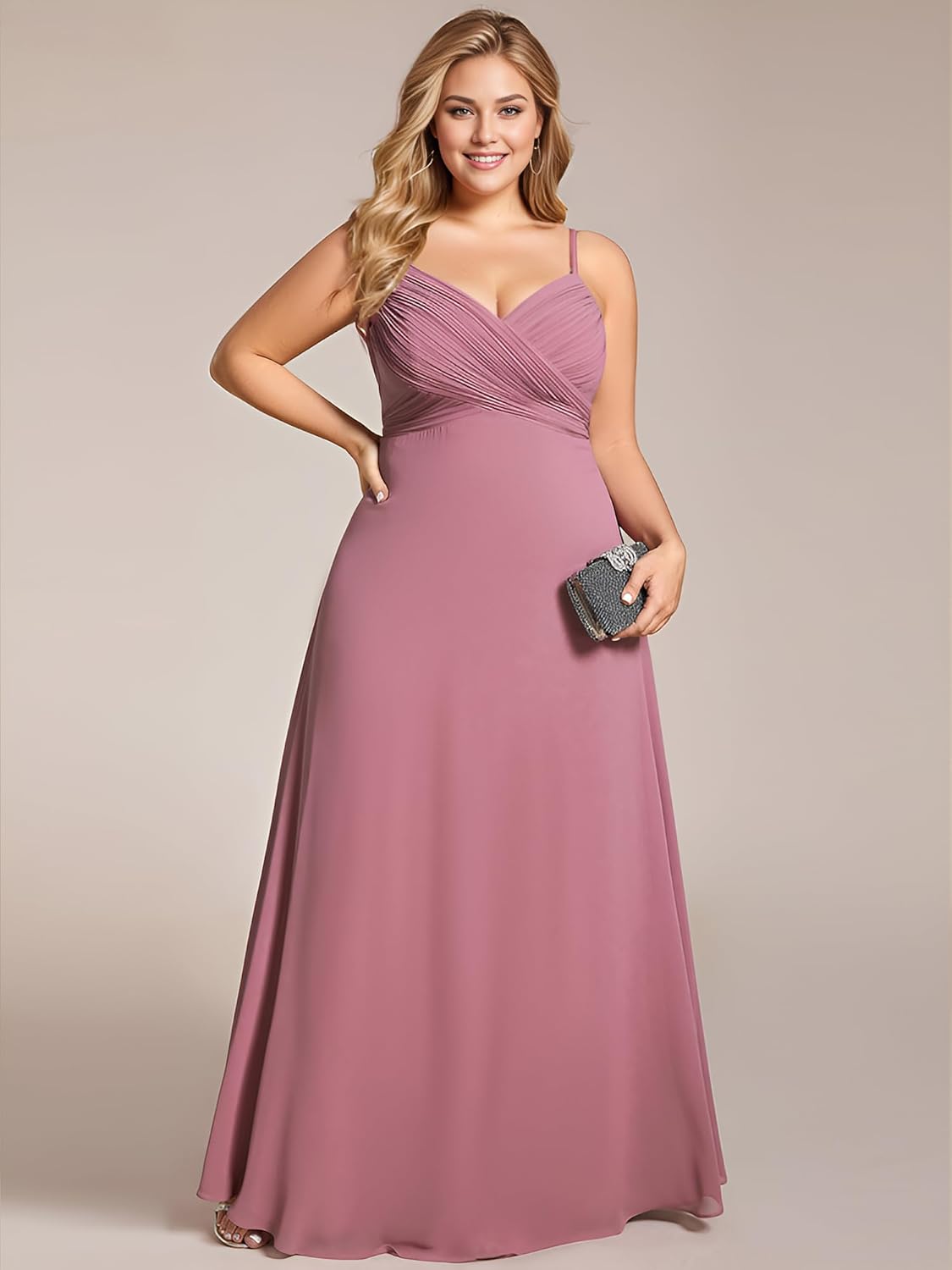 Ever-Pretty Women's Summer Chiffon Pleated Plus Size Bridesmaid Dresses Sleeveless Formal Gown with Spaghetti Straps