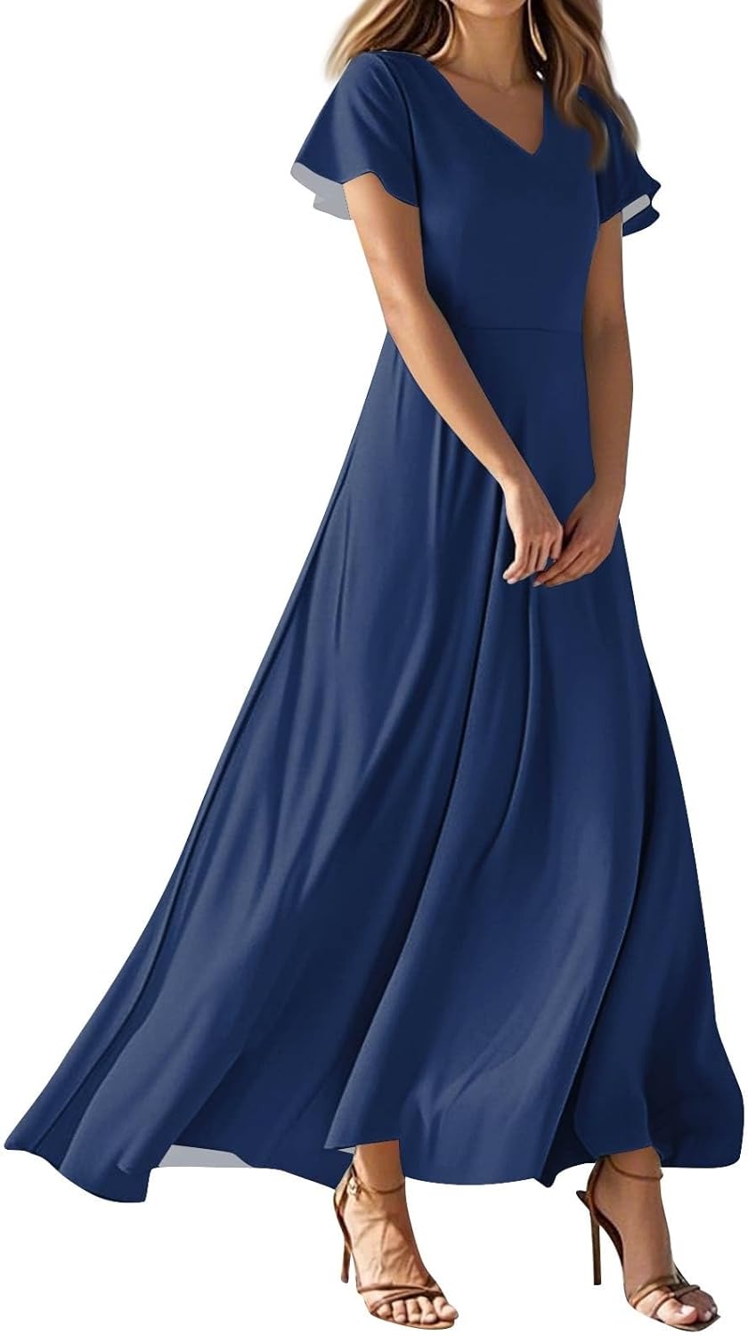 Womens Fashion V Neck Ruffle Short Sleeve Maxi Dress 2025 Summer Elegant Solid Color Flowy A Line Dresses