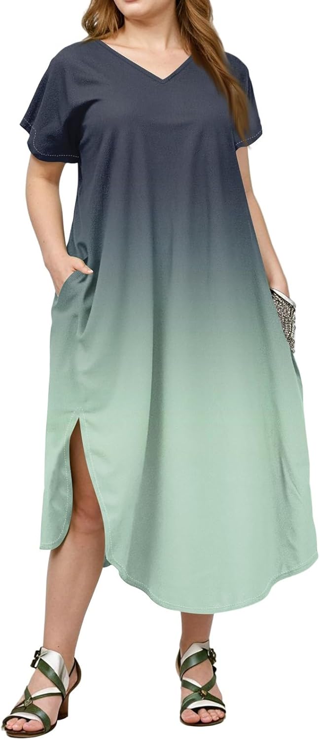 Maxi Dresses for Women 2025 Plus Size Tie Dye V Neck Dress Short Sleeve Side Split Beach Summer Sundress with Pocket