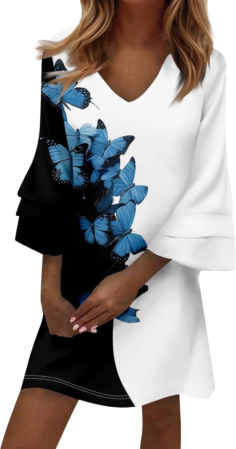 Beach Dresses for Women,2025 Summer Trendy Floral Print Boho Dress,Casual Loose V Neck Bell 3/4 Sleeve Mini Dress