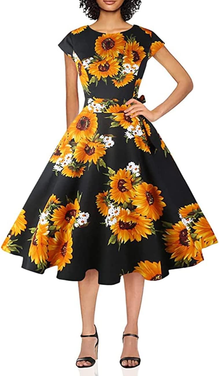 PUKAVT Women's 1950 Boatneck Cap Sleeve Vintage Swing Cocktail Party Dress with Pockets