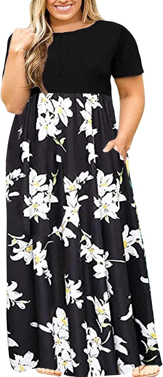 Kancystore Women's Short Sleeve Plus Size Maxi Dress with Pockets Loose Casual Summer Dresses